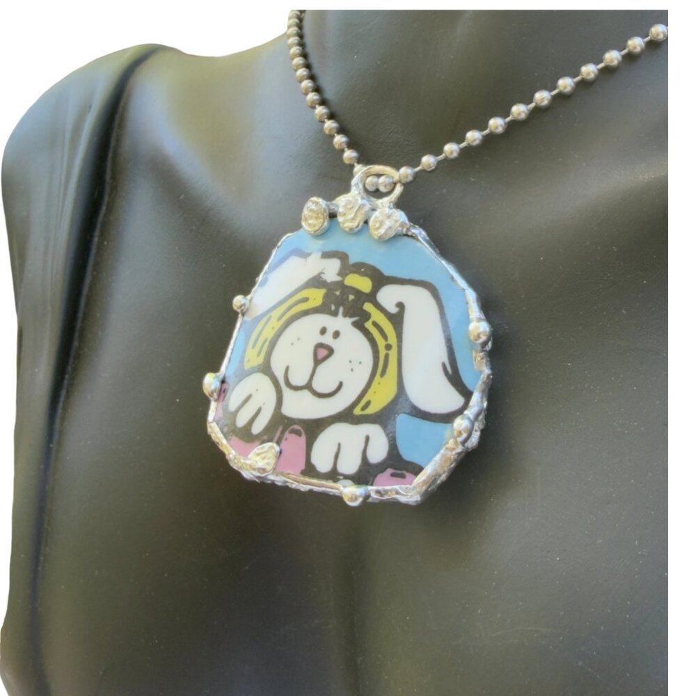 Royal Norfolk Easter Bunny Broken China Pendant - Silver Cabochon Necklace 1.5" - Picture 5 of 15
